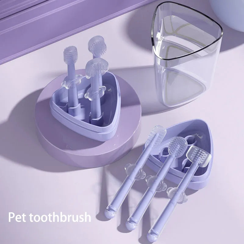 Purple silicone-bristled pet toothbrush for cleaning dog and cat teeth.
