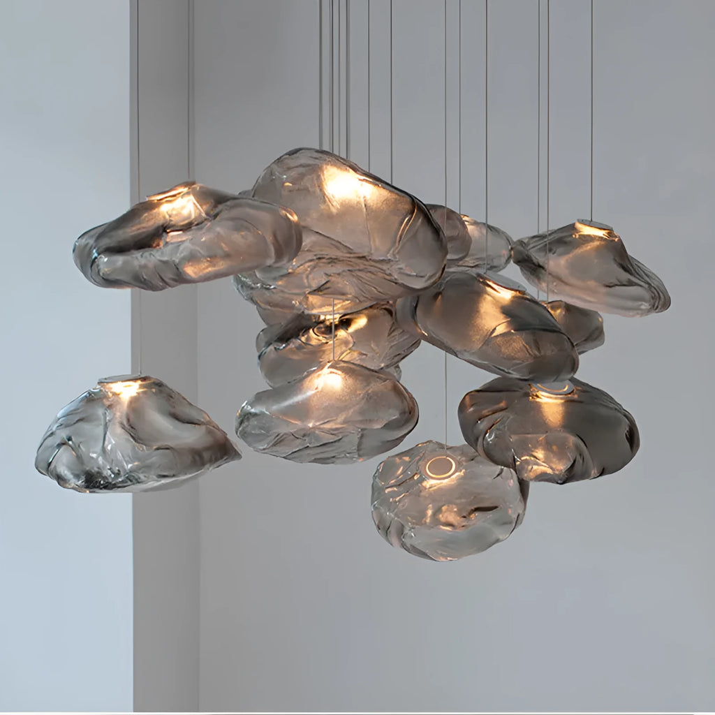Postmodern glass decorative chandelier with LED lighting in amber, clear, or smoke grey colours