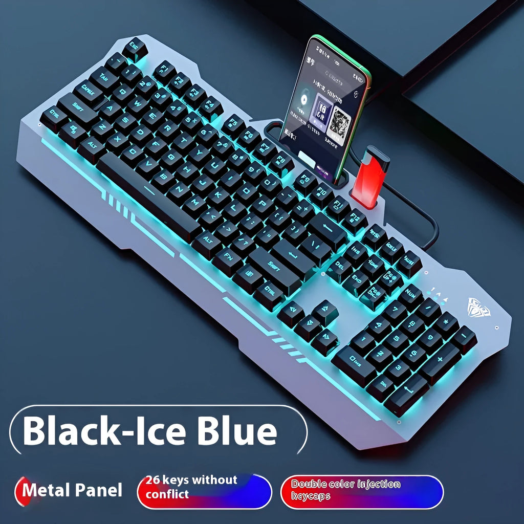 Black and white mechanical keyboard and mouse PC gaming bundle with headset on a desk