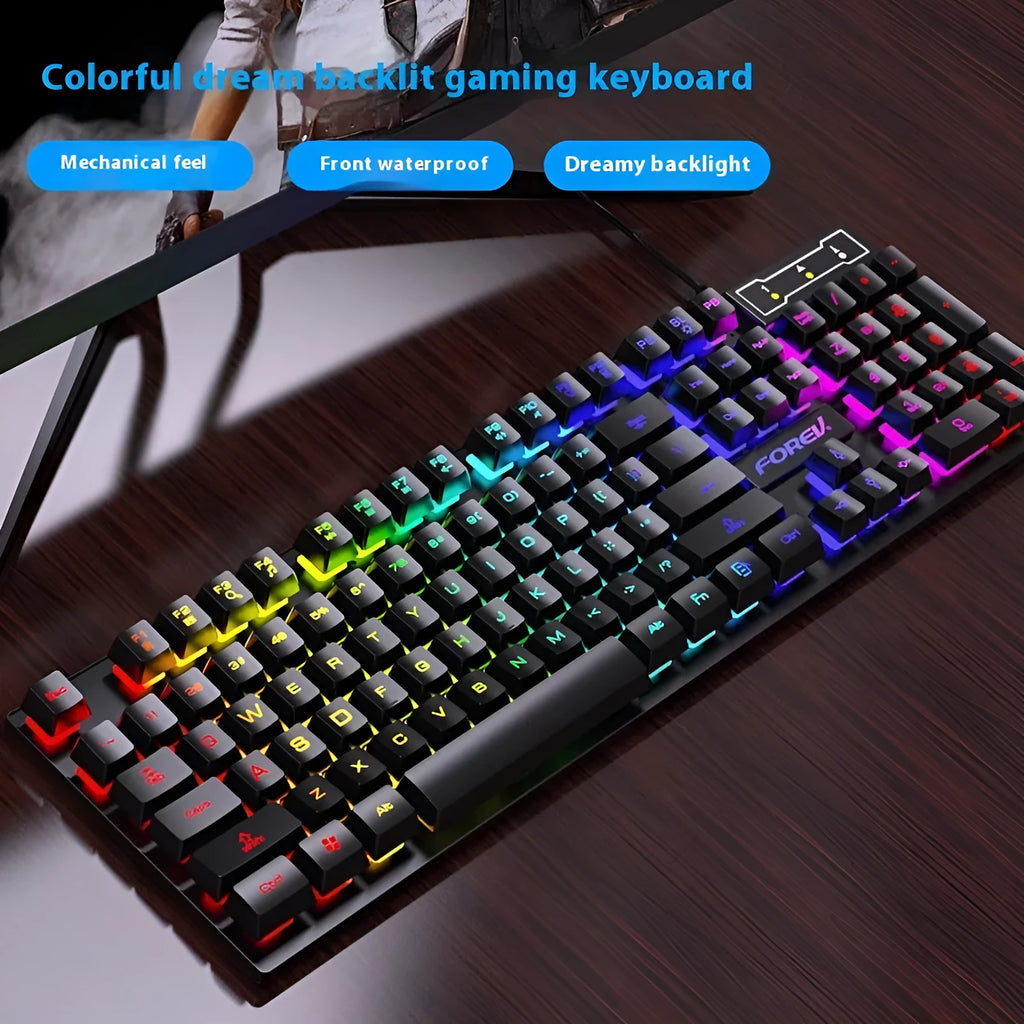 Black gaming keyboard with 104 backlit keys bundled with matching mouse on desktop