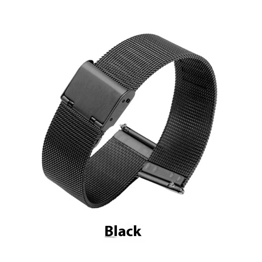 Milani woven stainless steel watch band in silver, black, rose gold, or gold with six bandwidth size options