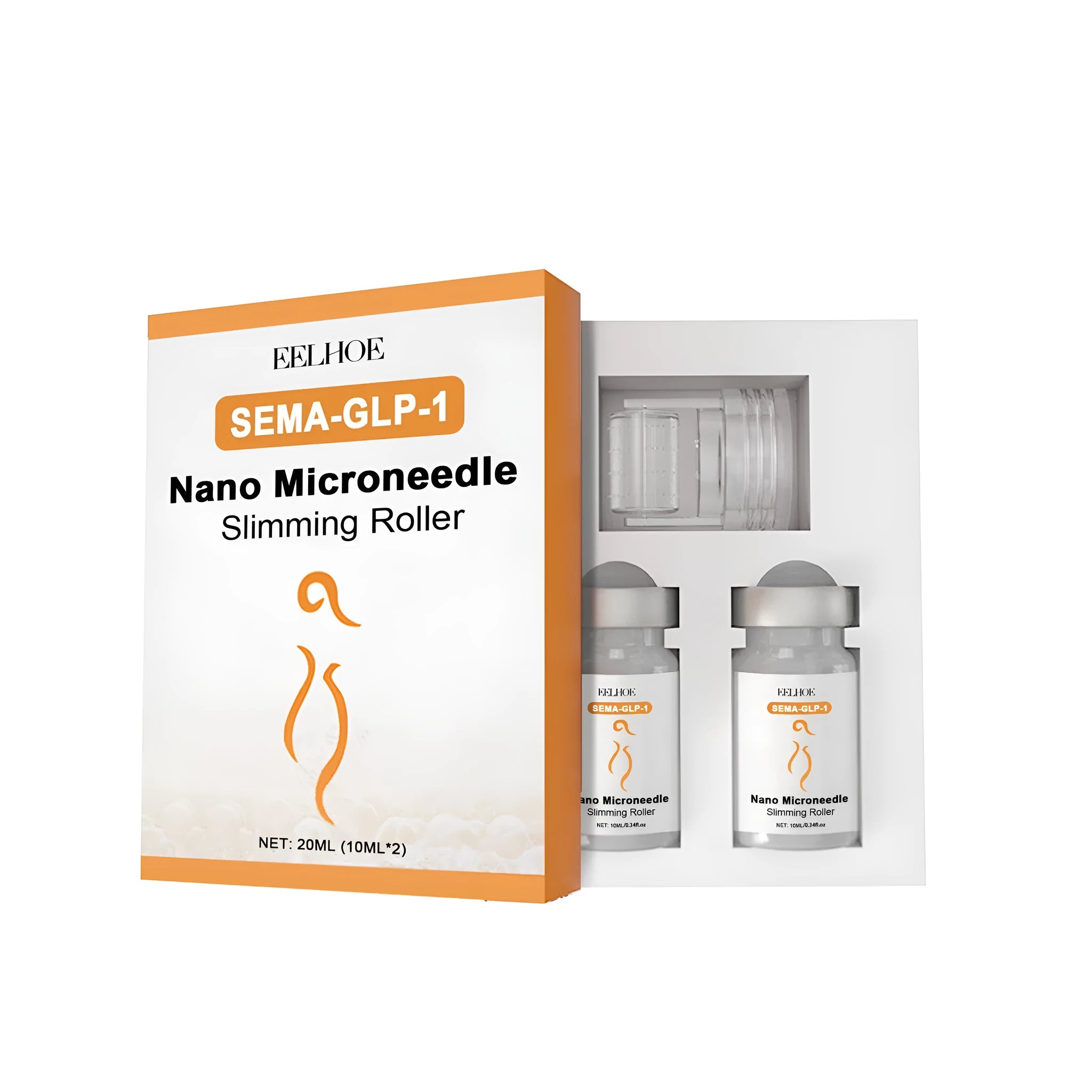 Micro needle body shaping roller with titanium needles alongside two 10 ml slimming essence bottles