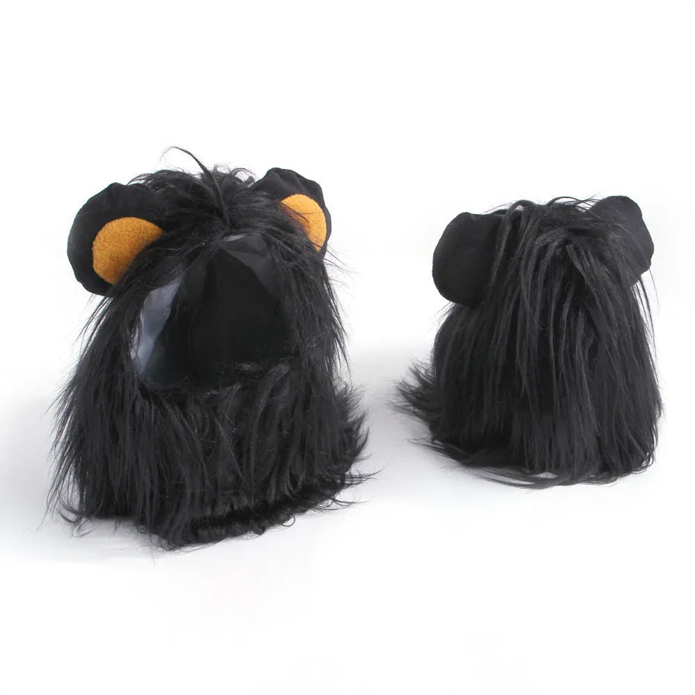 Black lion mane pet cat headgear wig hat shown on a cat, with white colour option available.
