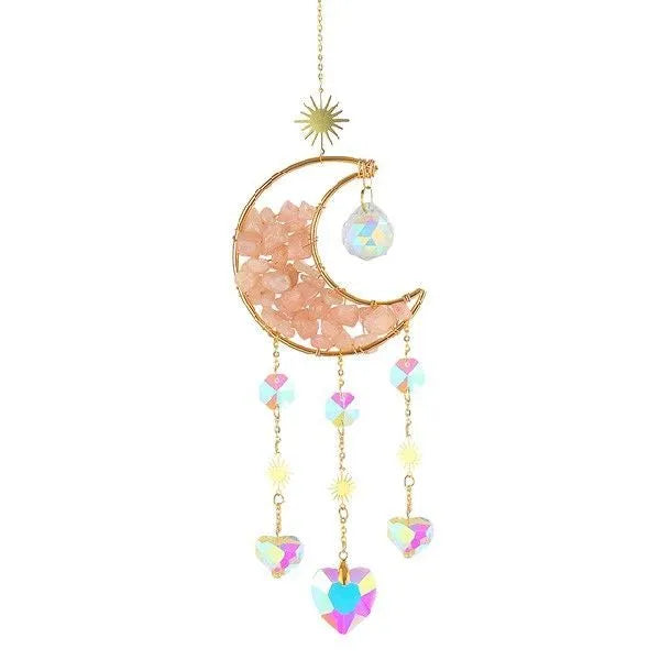 Silver metal holder with a large white K9 crystal moon pendant for car rear view mirror.