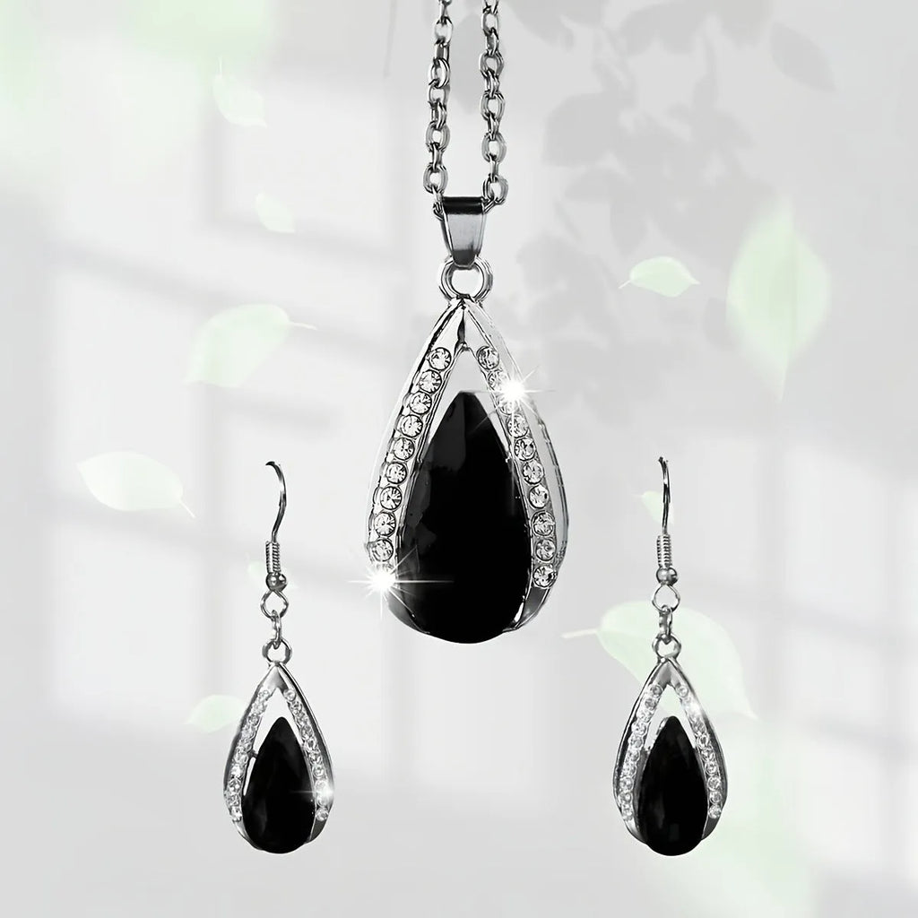 Black and red teardrop glass pendant alloy necklace and matching earrings set.