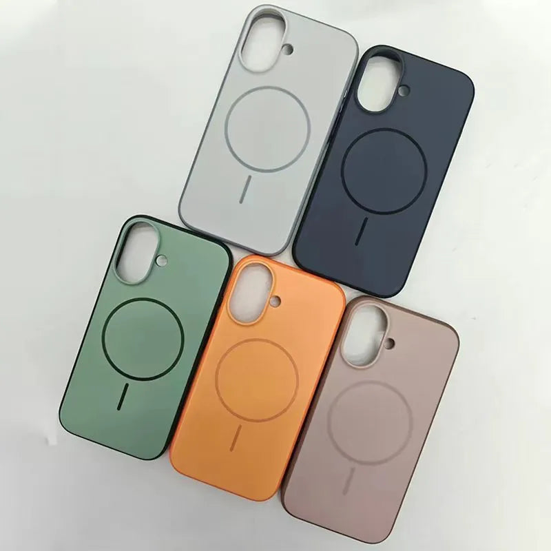 Frosted blue magnetic iPhone case with a built-in AI photography button on the side.