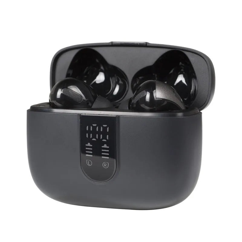 Jerry X08 wireless Bluetooth headset with digital display charging case in black, grey, or white colour