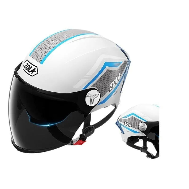 A light brown 3C certified motorcycle half helmet with a double mirror visor on a stand.