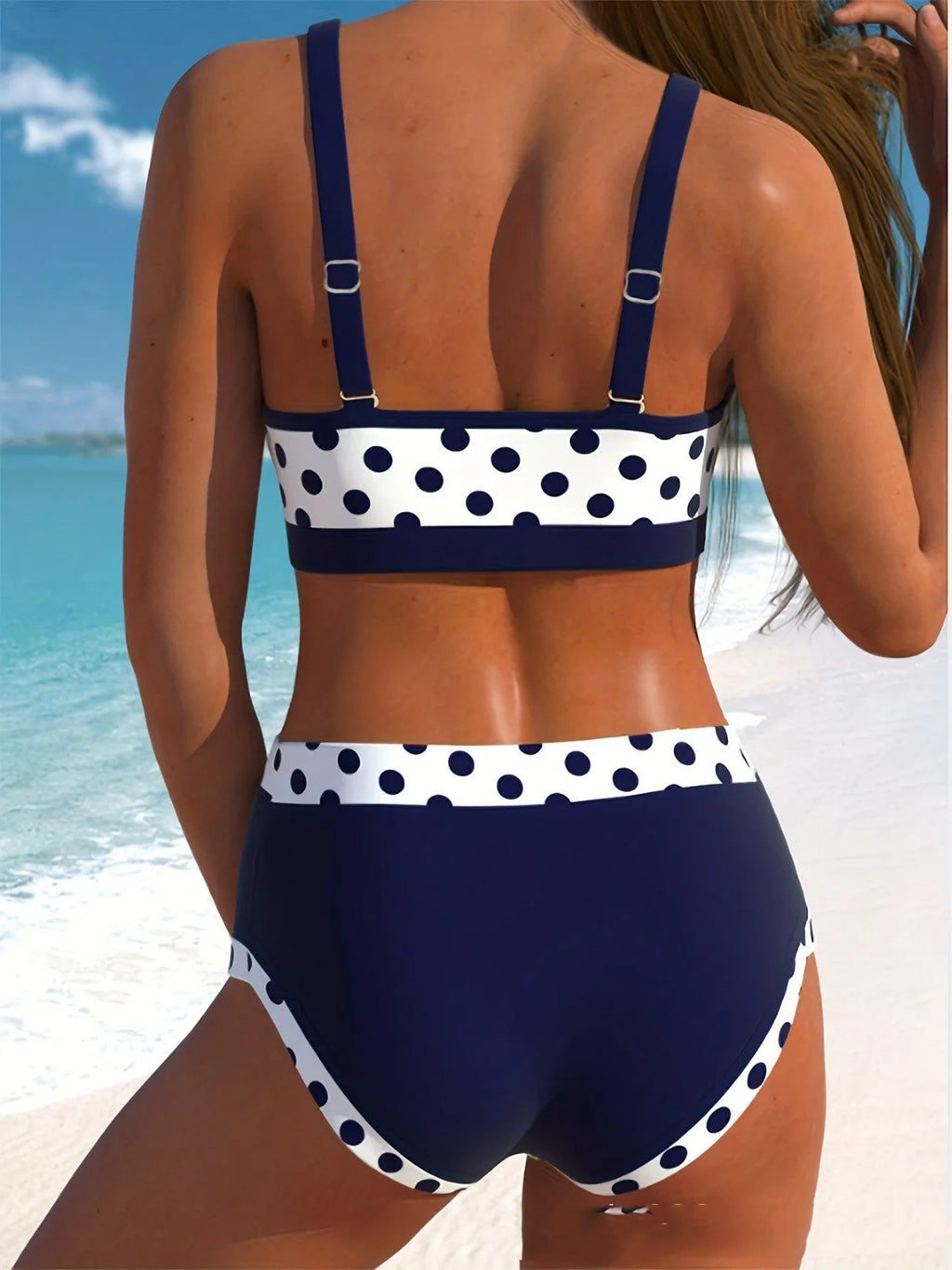 Women's multicolor small-dots pattern bikini swimsuit with conservative brief cut.