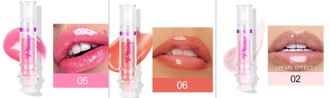 Lip gloss tube with mirror finish showing shiny application on lips