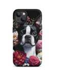 Black glass phone case with cute cartoon design for Apple iPhone 12-15 series, silicone edges, back cover