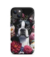 Black glass phone case with cute cartoon design for Apple iPhone 12-15 series, silicone edges, back cover