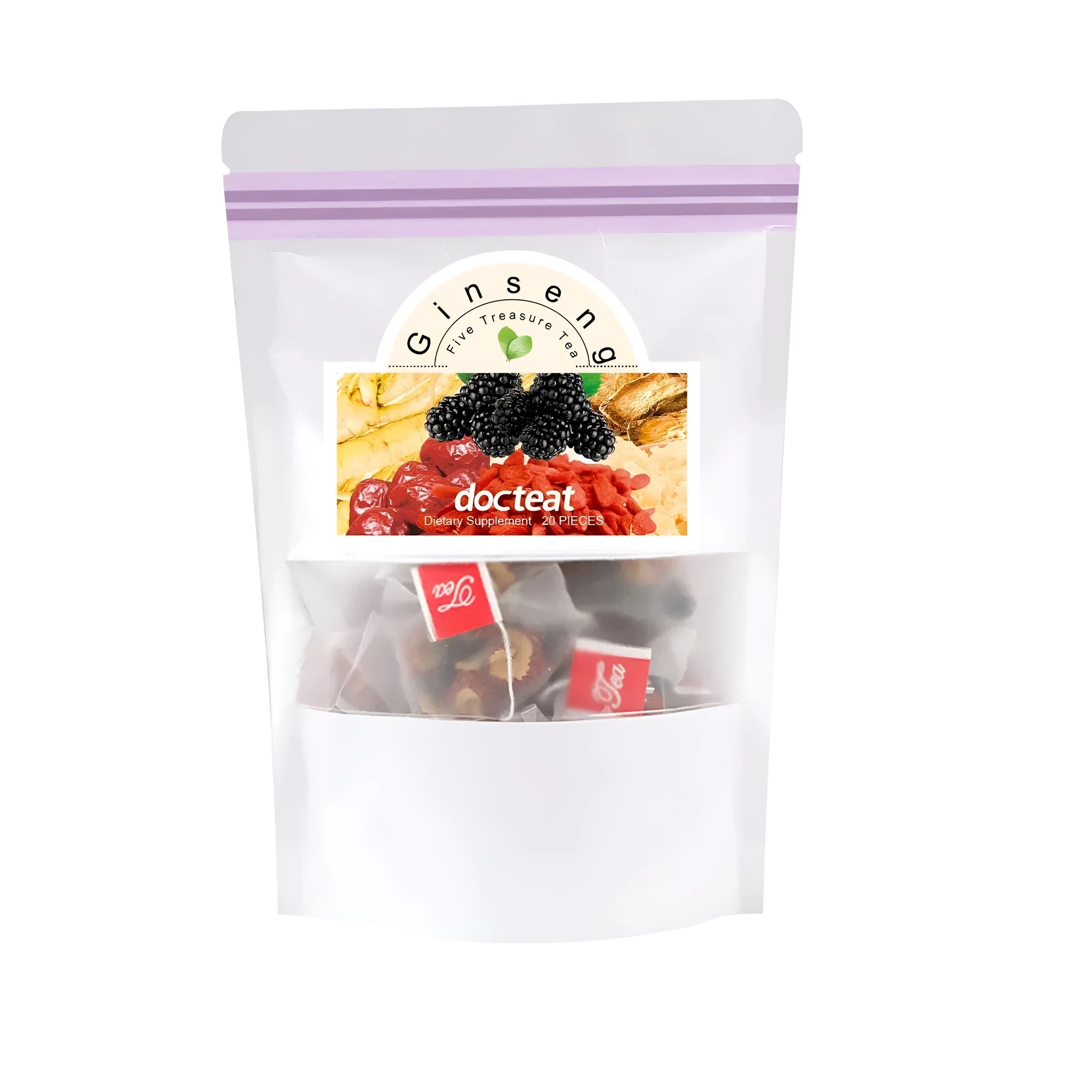 A box of Ginseng Five Treasure Tea showing twenty individual tea bags containing lycium barbarum, ginseng and hawthorn.