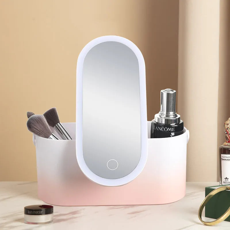 Pink gradient portable makeup storage box with built-in LED mirror and USB charging port