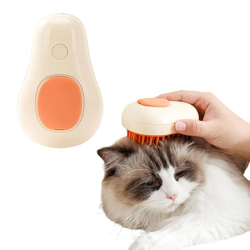 Green and white rechargeable cat steam brush with silicone teeth and water spray nozzle.