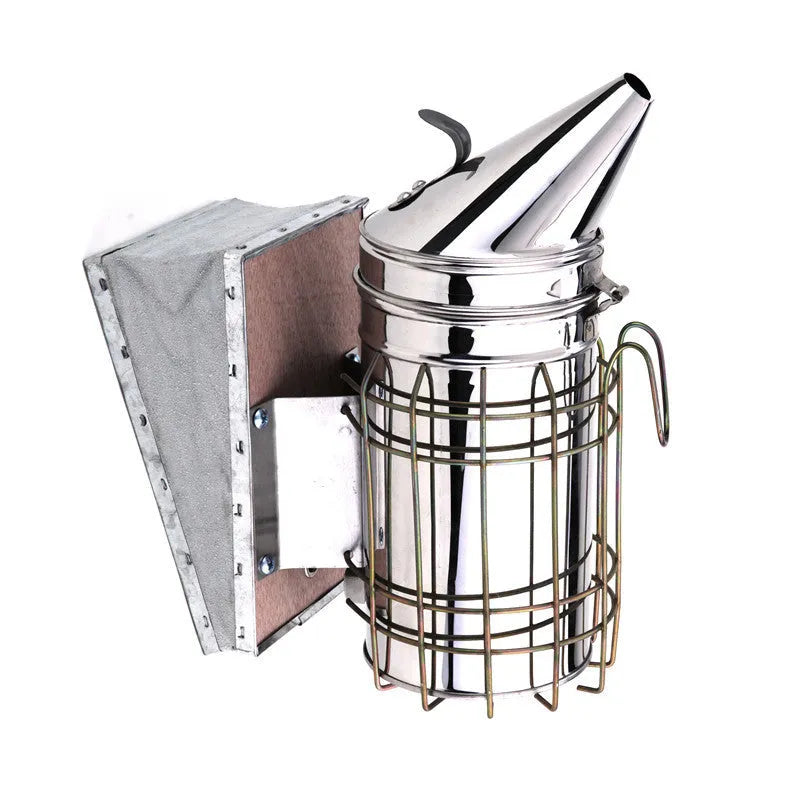 Stainless steel manual bee smoker with leather components for agricultural beekeeping