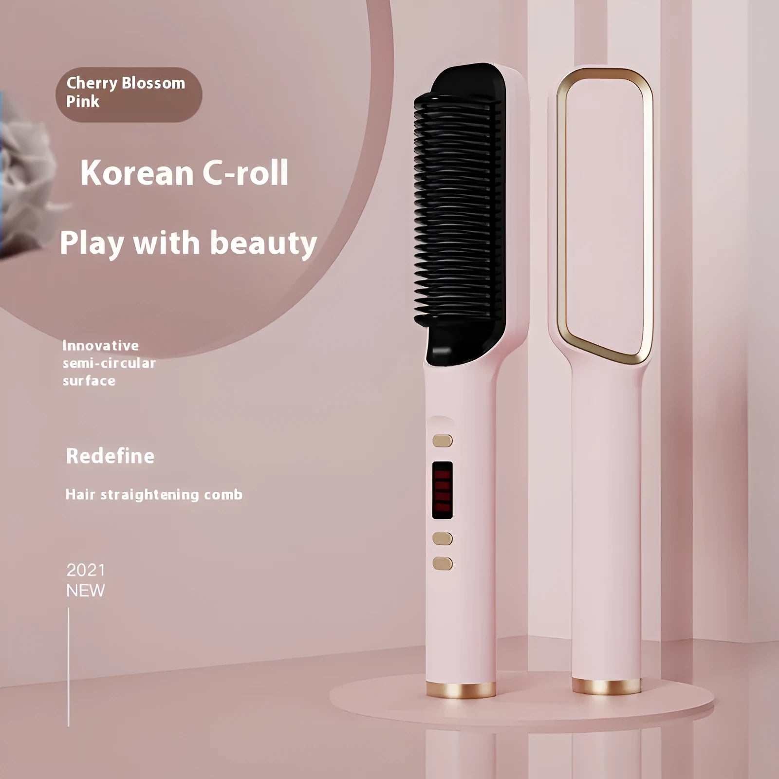Negative ion hair straightening comb with LCD display in seven colour options including avocado green and cherry pink