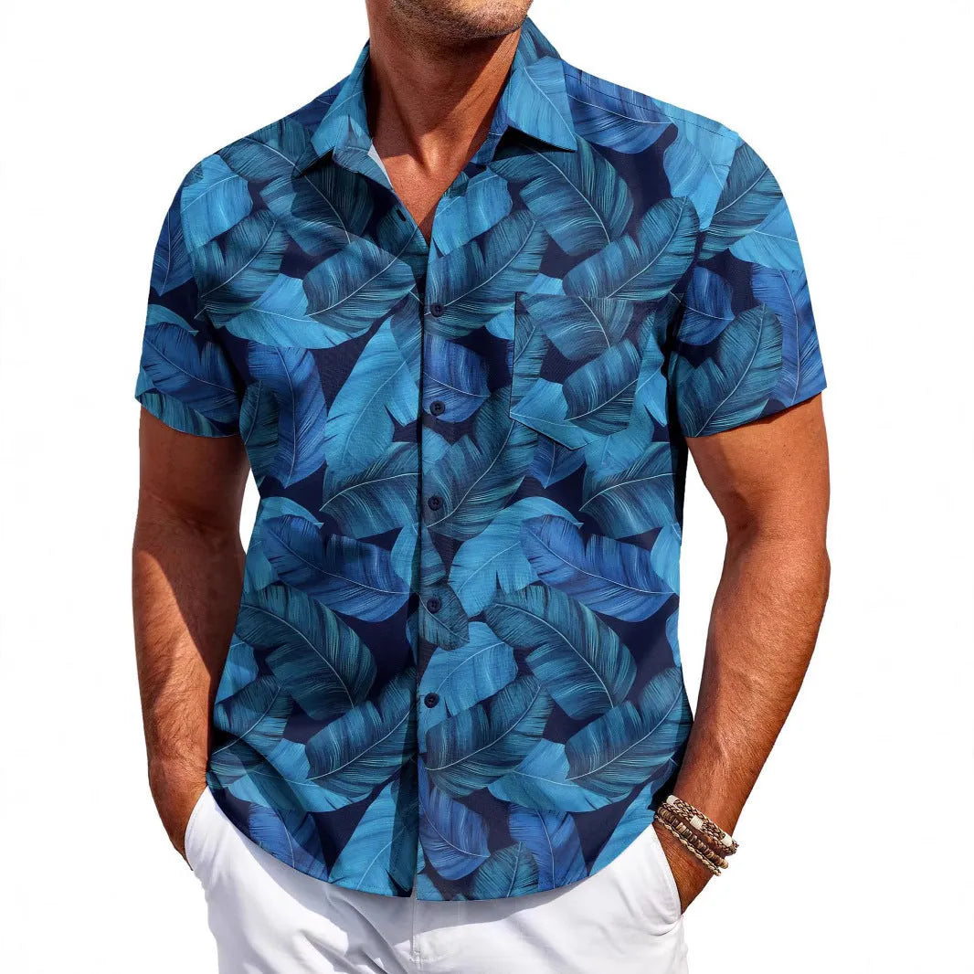 Men's slim fit short sleeve Hawaiian shirt in polyester fabric, shown in one of several available colours.