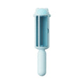 Blue pet hair removal tool with a roller and self-cleaning base for furniture and cars.