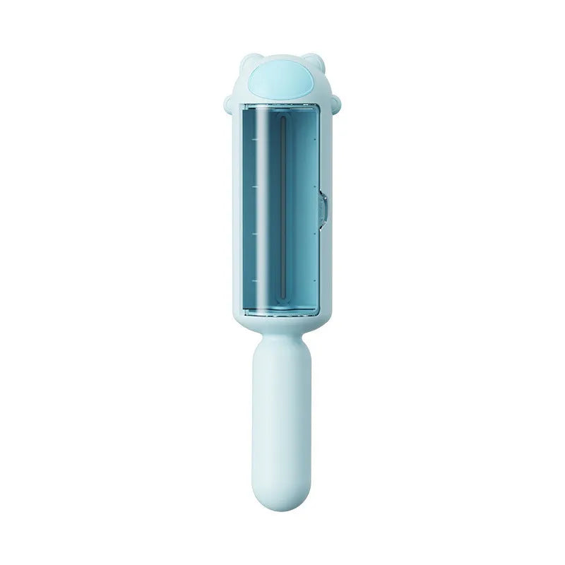 Blue pet hair removal tool with a roller and self-cleaning base for furniture and cars.