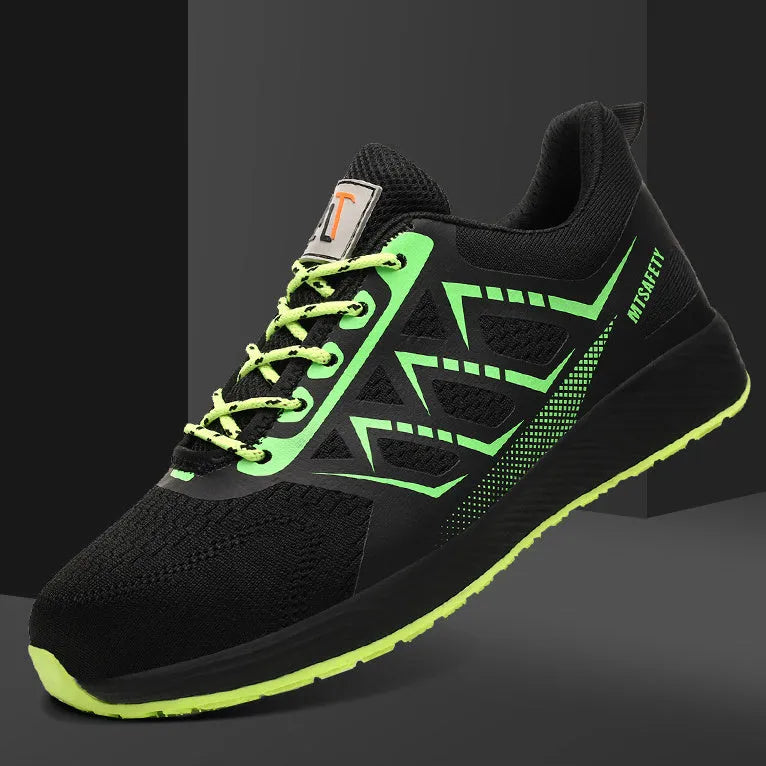Black lace-up safety shoes with flat knitted uppers and a rubber sole, featuring a steel toe cap.