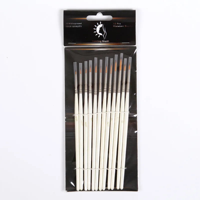 Set of 12 hook line art brushes with nylon wool bristles and wood handles for watercolour painting