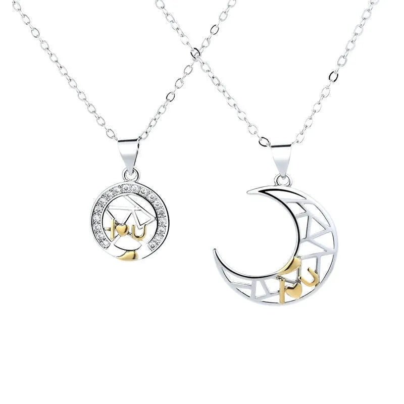 Sun Moon Tooth Couple Necklace with copper pendants on cross chain for men and women