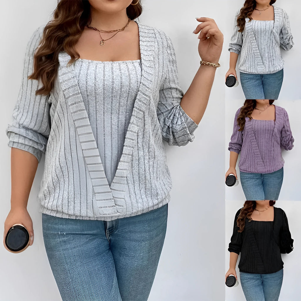 Women's solid colour rib fabric V-neck long sleeve false two-piece suit in loose fit.