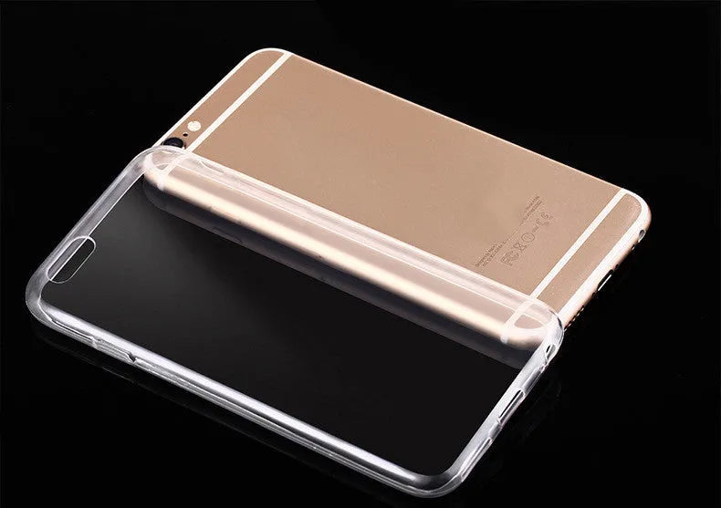 Transparent soft TPU mobile phone case for Apple iPhone on a white background.