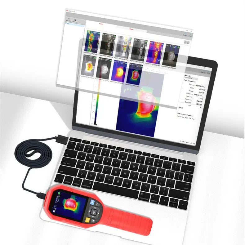 UTi-series handheld infrared thermal imaging camera with display screen on a workbench.