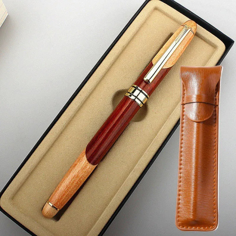 Wooden ballpoint pen with metal mechanism and presentation sleeve