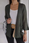 Women's army green waffle knit cardigan coat with nine-quarter length sleeves and pockets.