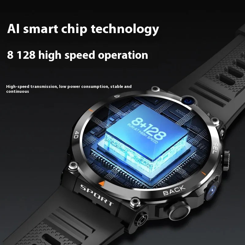 Sports smartwatch with dual cameras, touch screen, and heart rate monitoring features