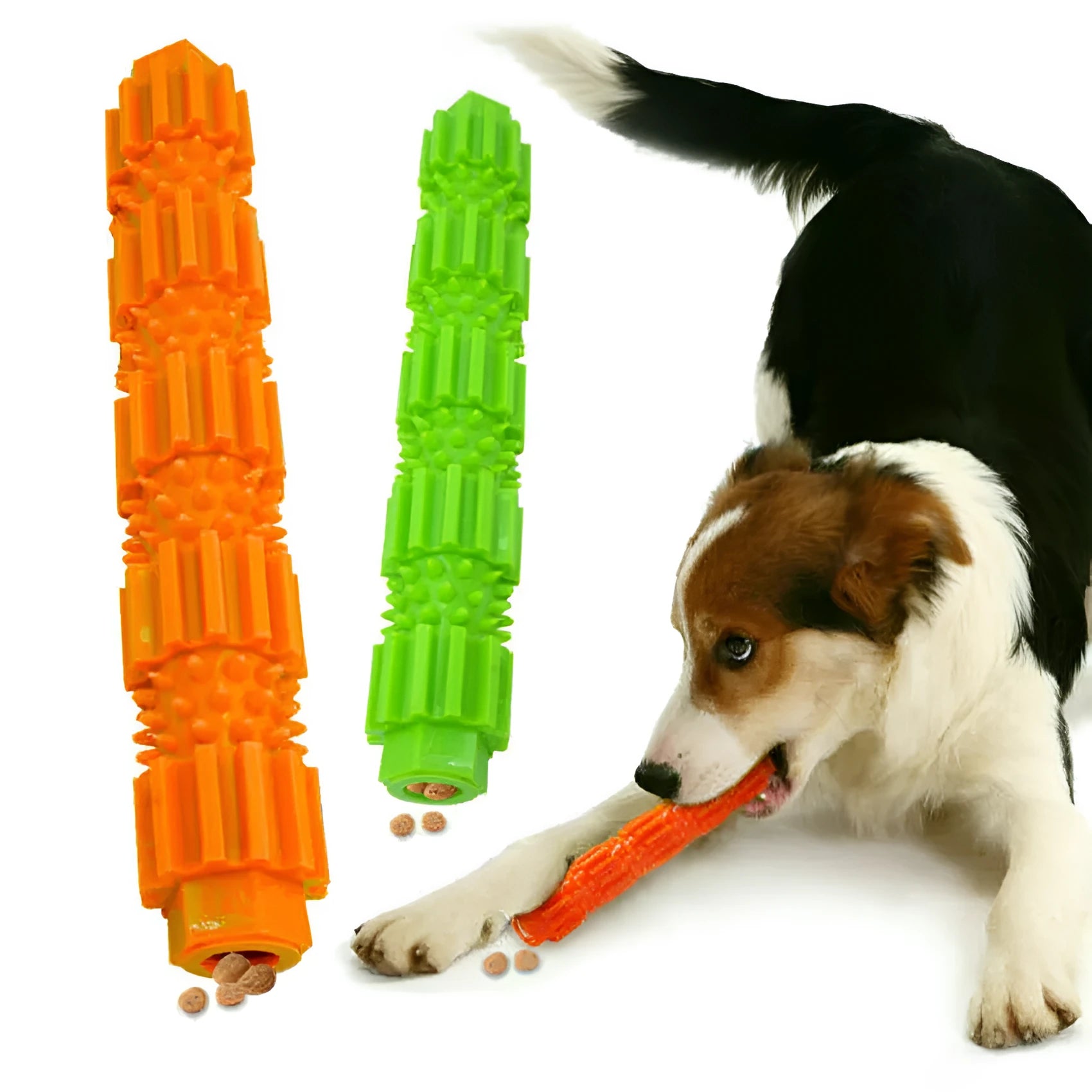 Green and orange rubber dog chew toy with treat dispensing design and textured surface