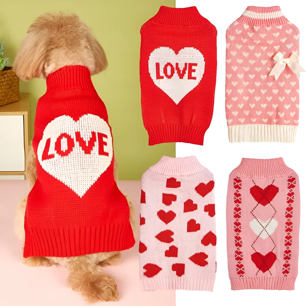 Red love heart design dog sweater on small dog showing acrylic knit and decorative motifs