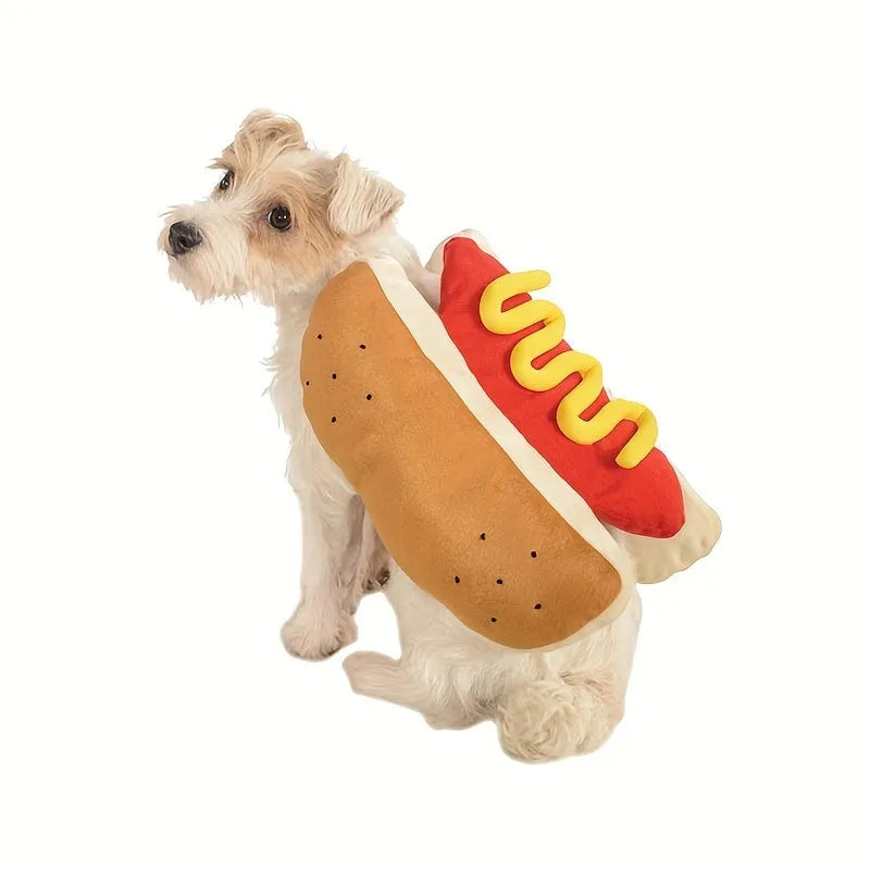 Funny stuffed hot dog costume suit on a small dog for party or cosplay