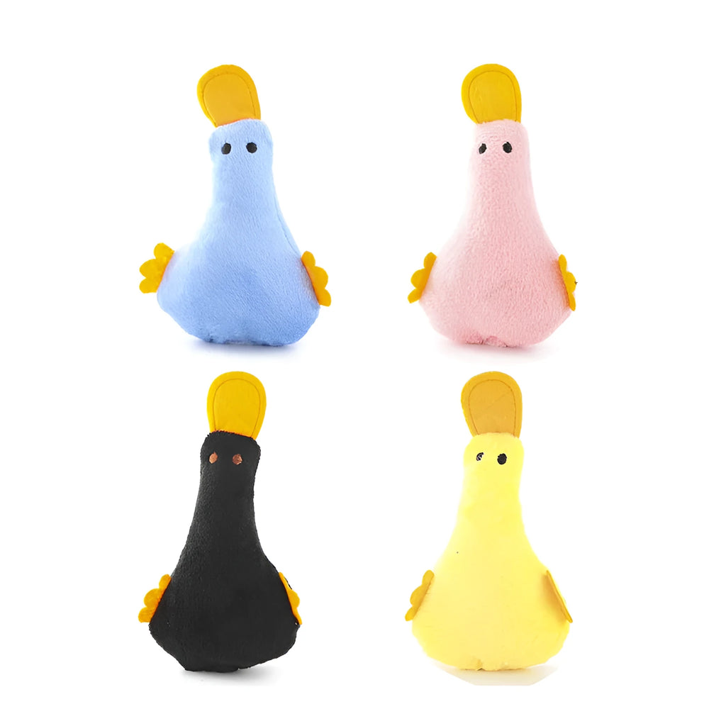 Colourful plush duck pet toy with catnip, a squeaker, and a crinkle rattle for cats and dogs.