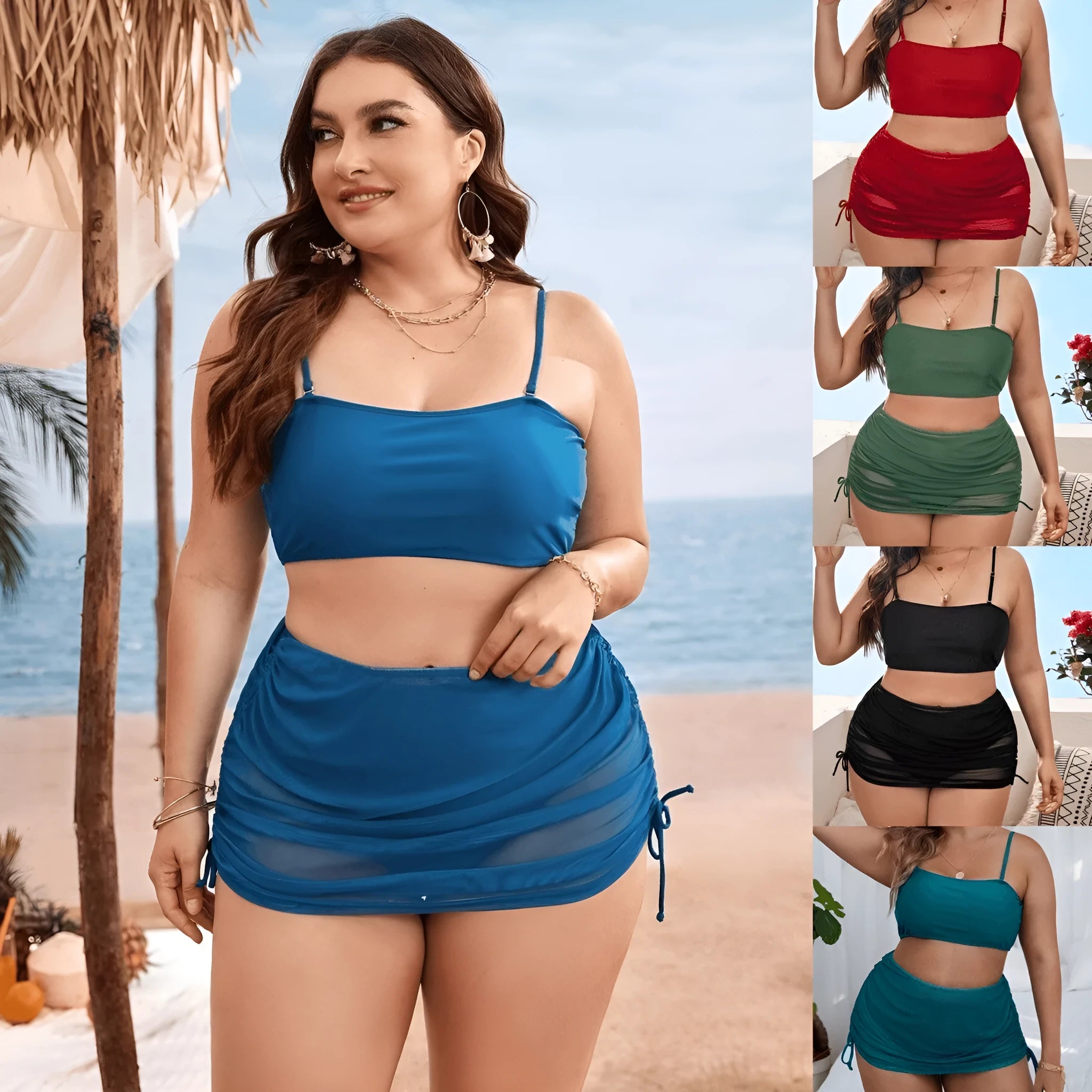 Women's solid colour mesh bikini three-piece set showing top, underwear, and apron on a mannequin.