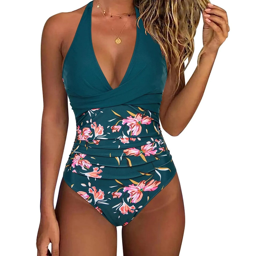 Printed lace-up backless bikini swimsuit for women in polyester fabric with floral and animal print patterns