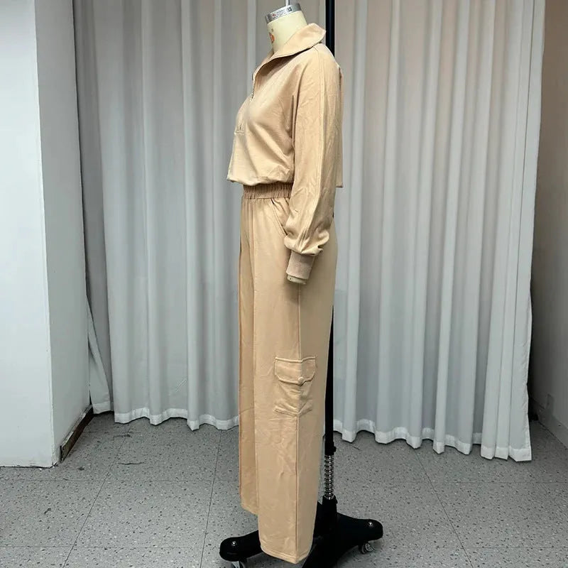 Women's light camel polyester lapel top and wide-leg trousers work set