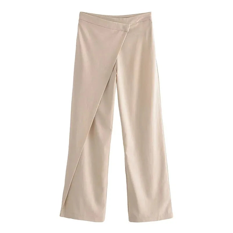 Women's casual straight linen trousers in khaki, mid-waist cotton blend with micro elasticity, sizes XS to L