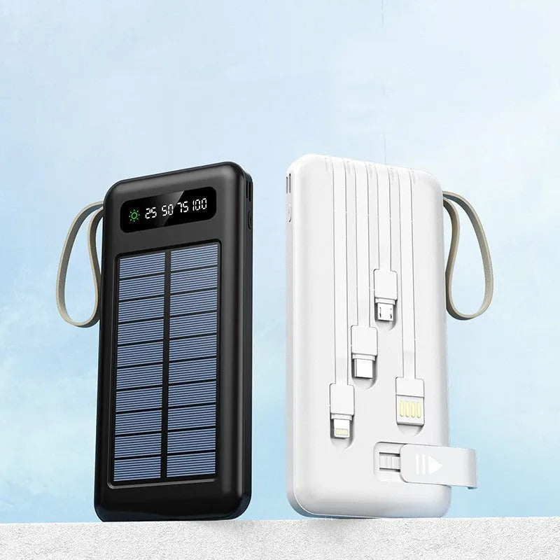 Solar power bank in black or white with capacity display and integrated solar panel.