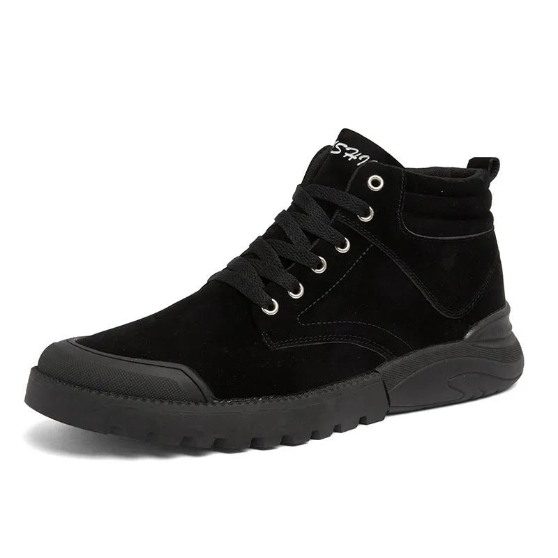 Men's winter warm plush ankle boots with suede upper, rubber sole, round toe, and front tie closure, available in multiple colours