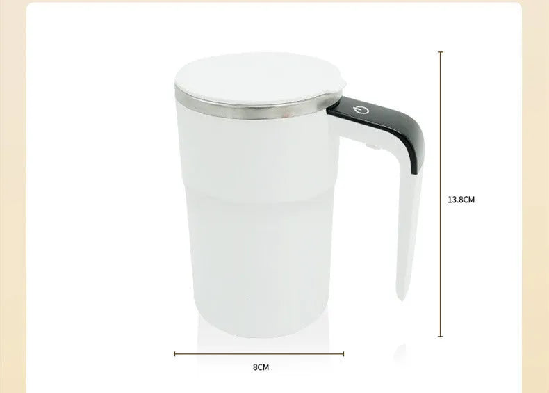 White automatic electric stirring cup with LCD screen and USB charging cable.