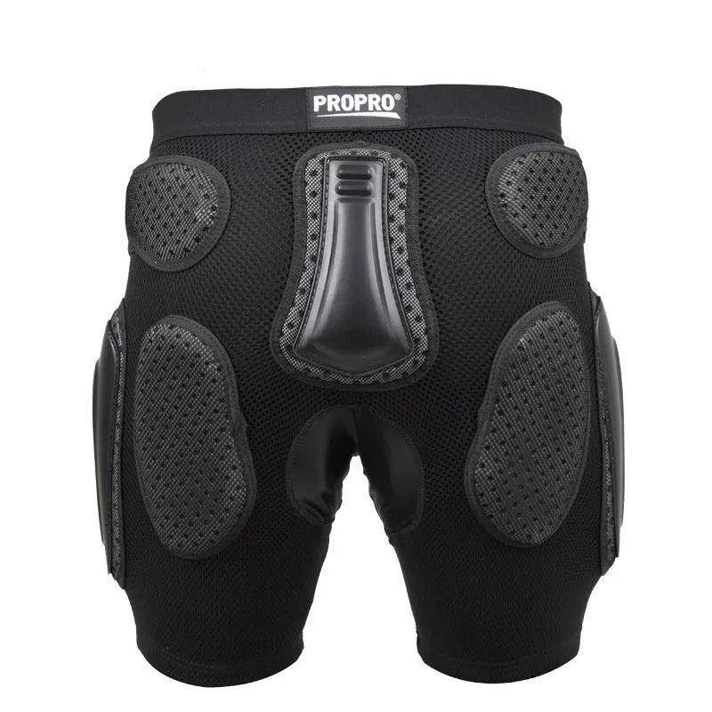 Black cycling hip protection pants with integrated padding available in S, M, L, XL sizes