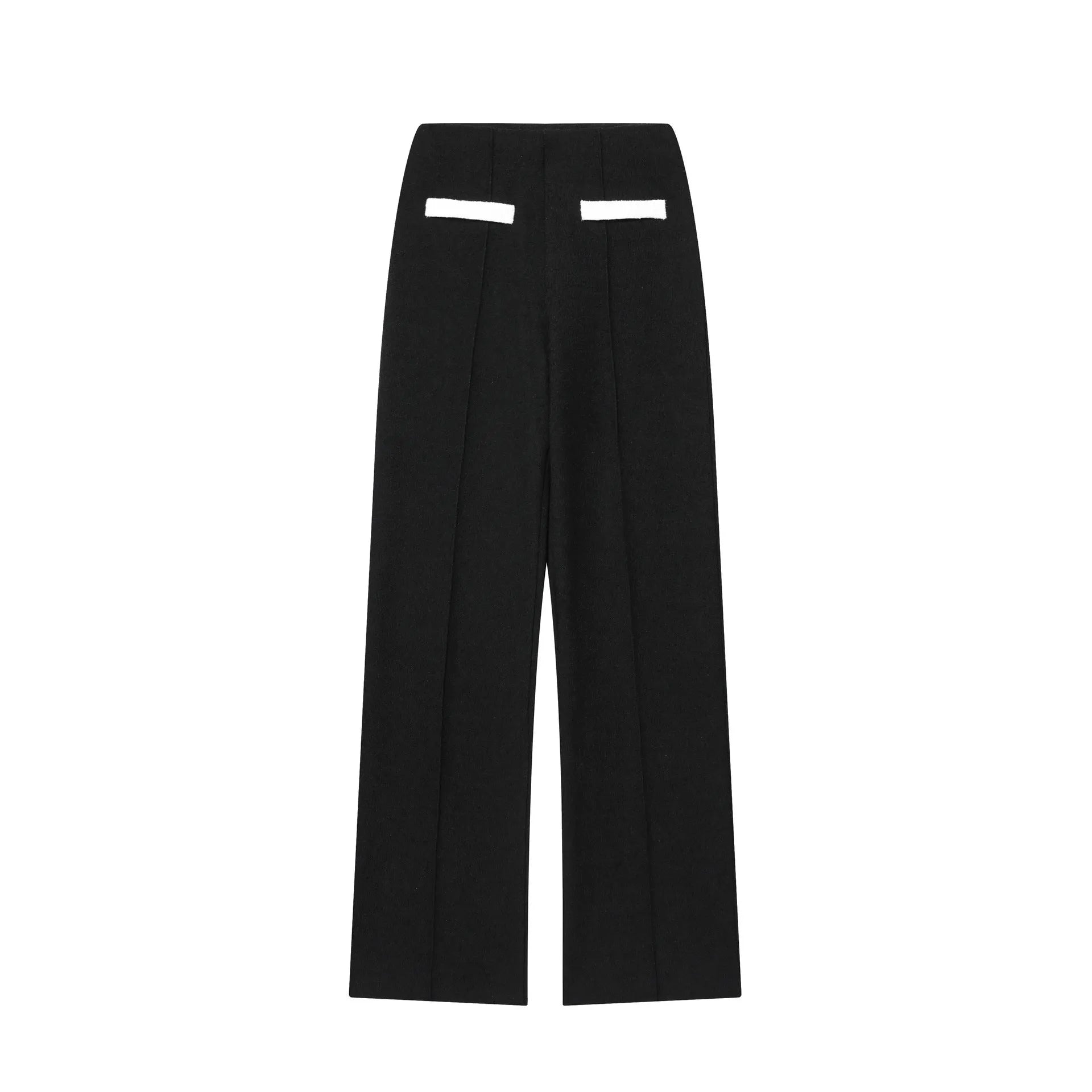 Women's casual suit set with a beaded leather round neck top and high-waisted trousers on a model.