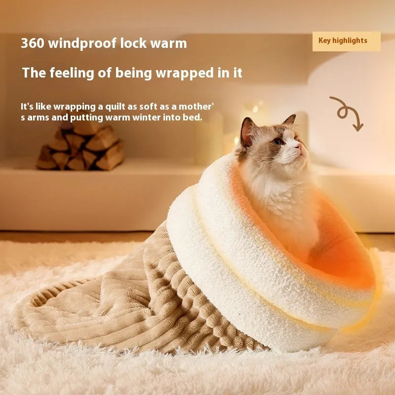 Brown semi-enclosed pet sleeping bag with plush lining for cats and dogs on wooden floor