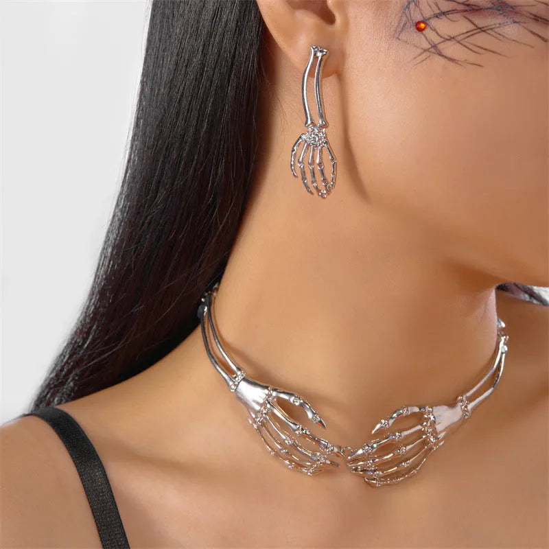 Dark style skull and ghost claw necklace and earrings set in electroplated alloy with adjustable chain