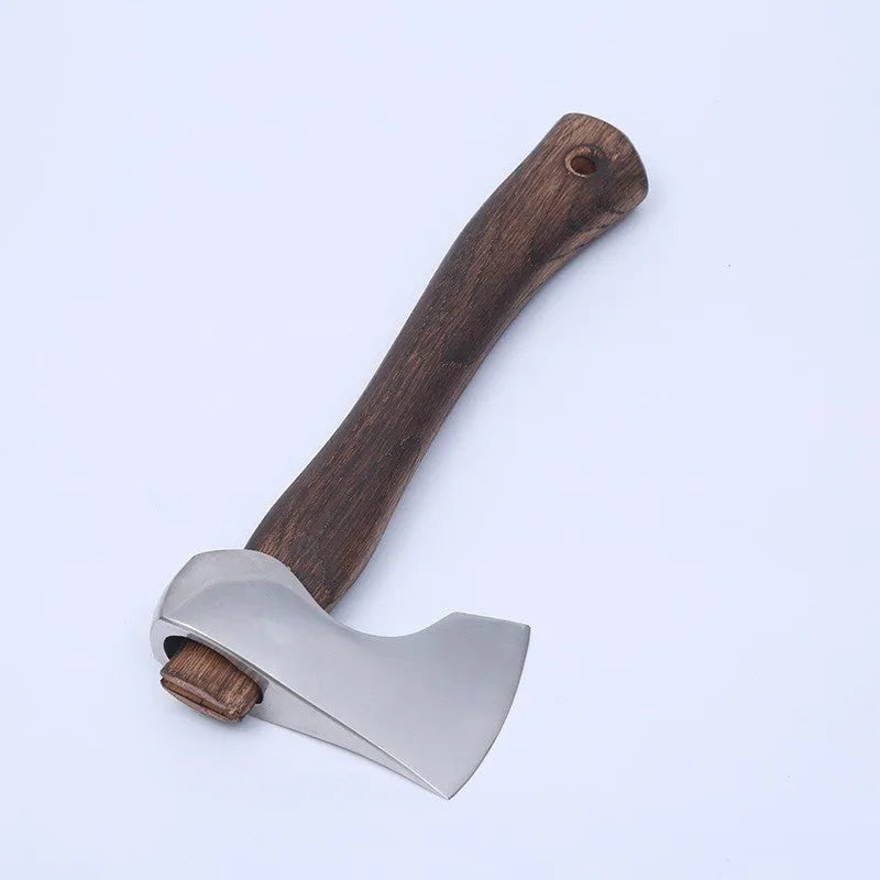 Camping axe with high carbon steel head and wooden handle on a white background.