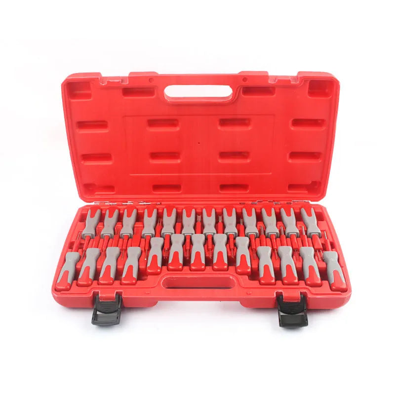 25-piece car terminal removal tool kit in a black storage box for electrical connector disassembly.